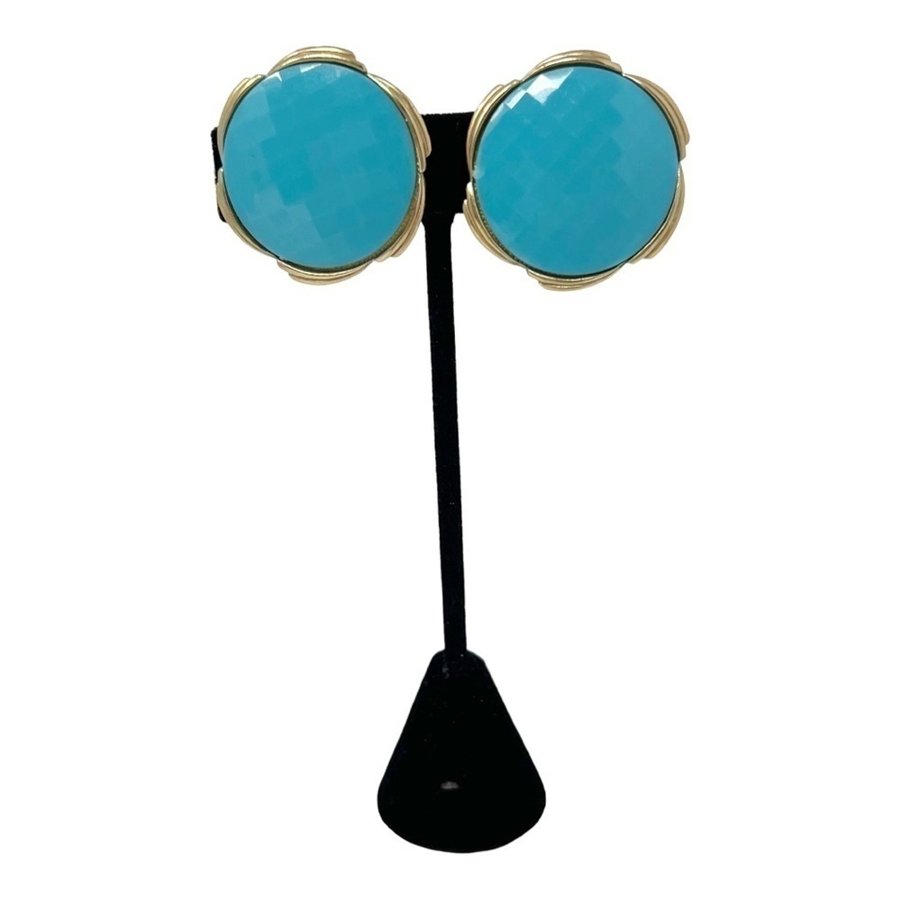 Vintage Signed Crown Trifari Faceted Turquoise Color Clip on Statement Earring